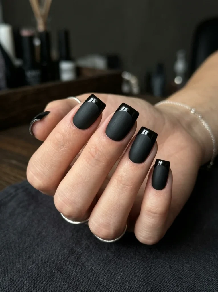 Black Square Nails with Glossy Tips