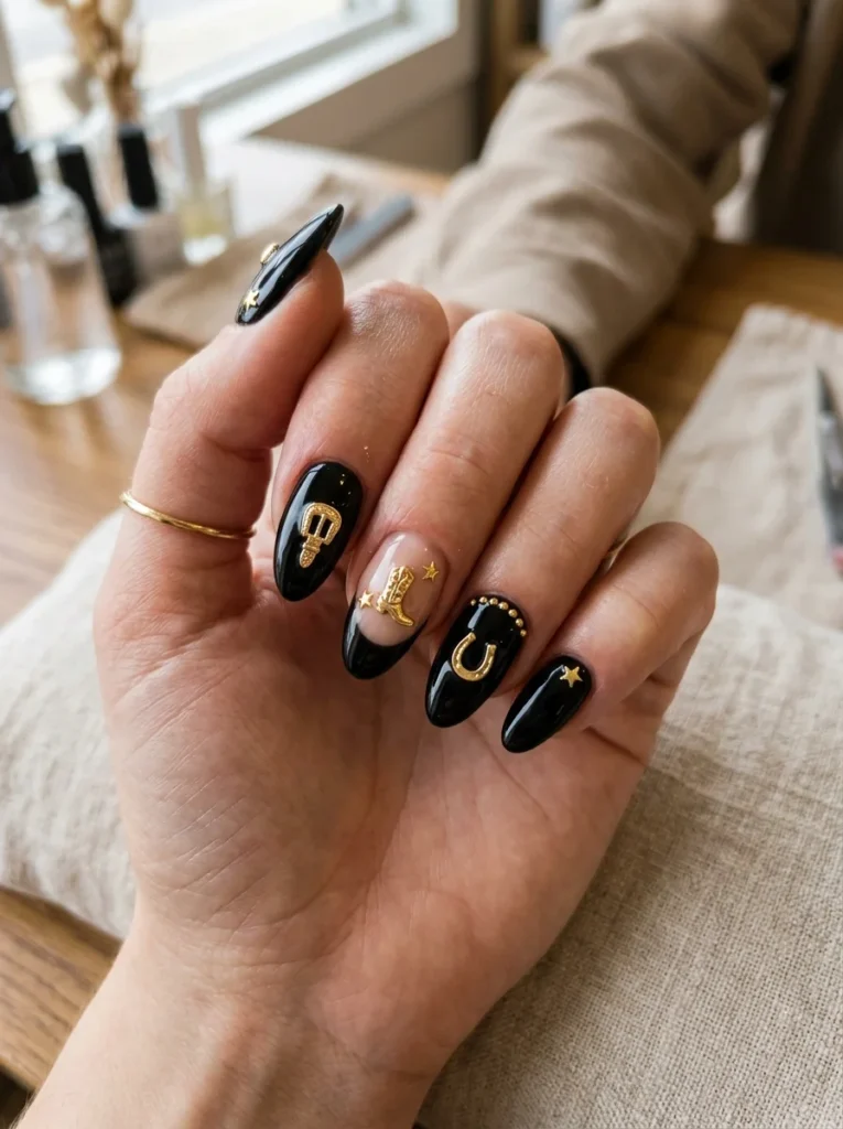 Black Western Nails With Gold Details