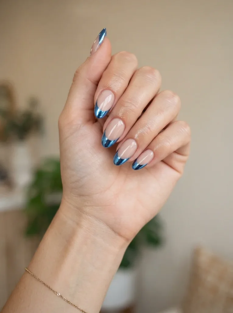 Blue Chrome French Tip Nails