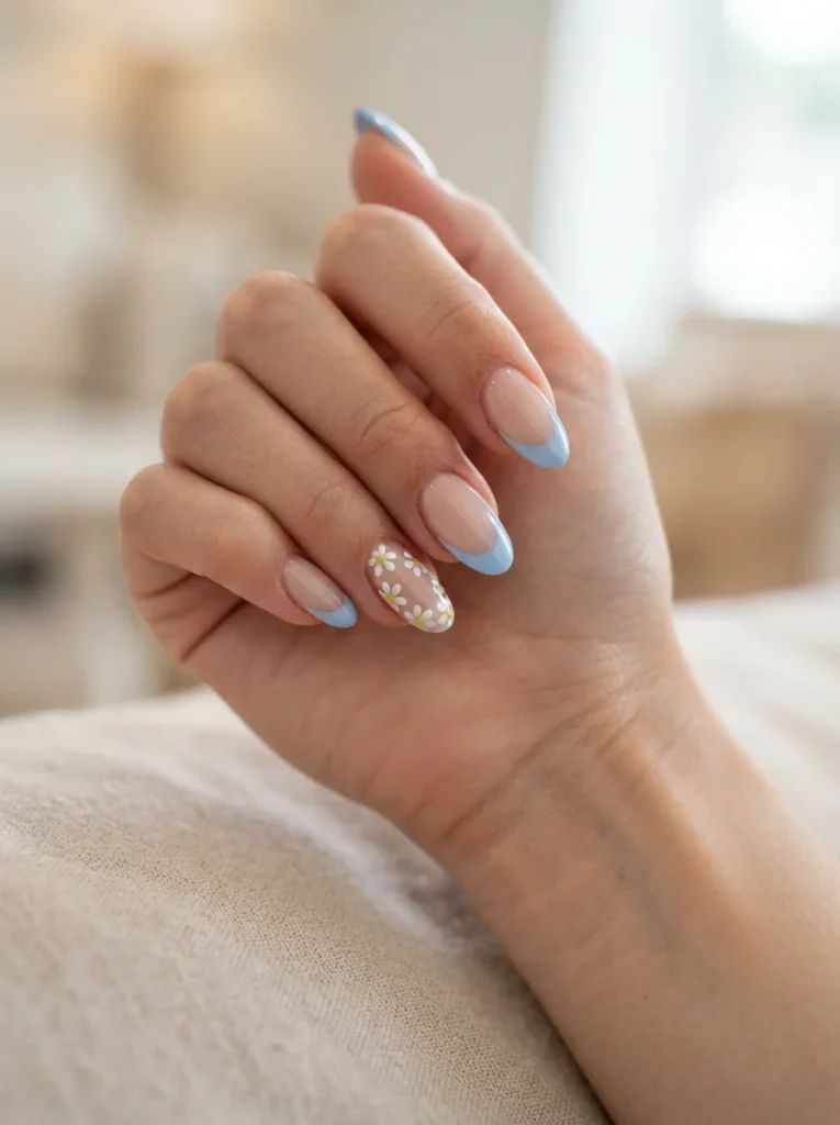 Blue French Tips with White Flowers