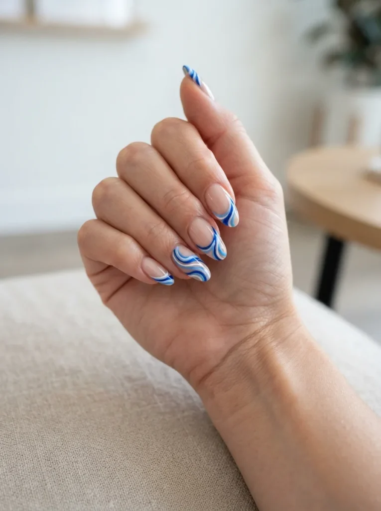 Blue Swirl French Tip Nails
