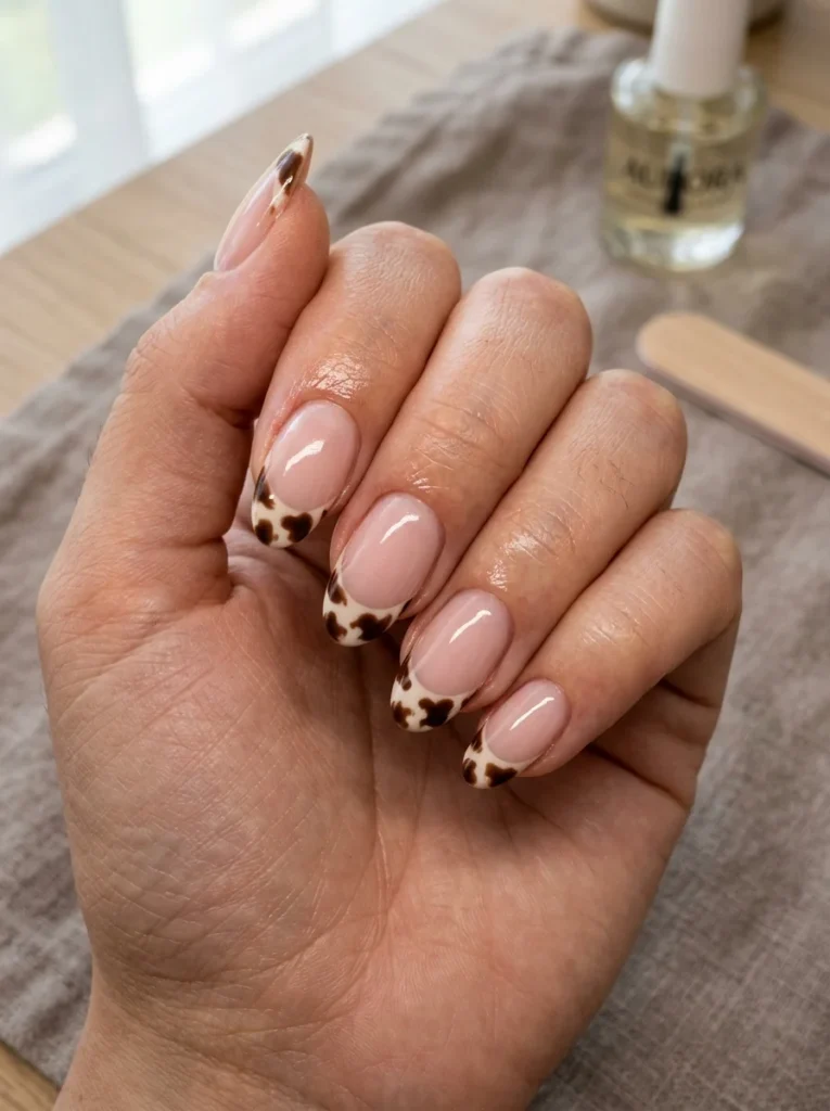 Brown Cow Print French Tips