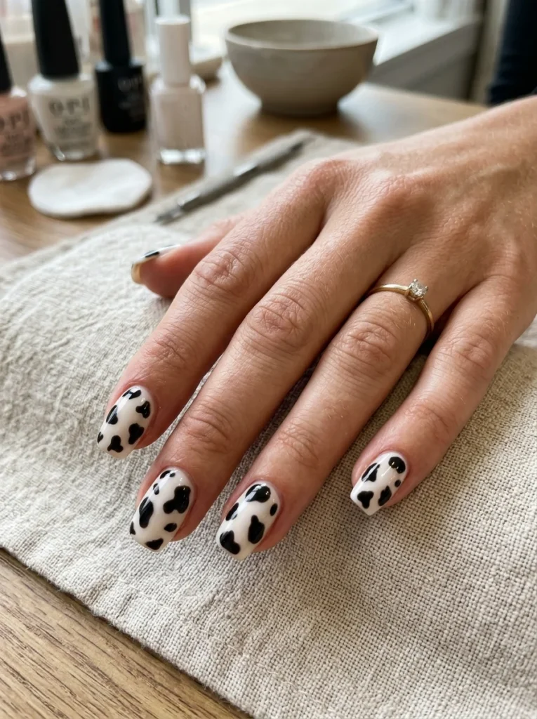 Classic Black and White Cow Print Nails
