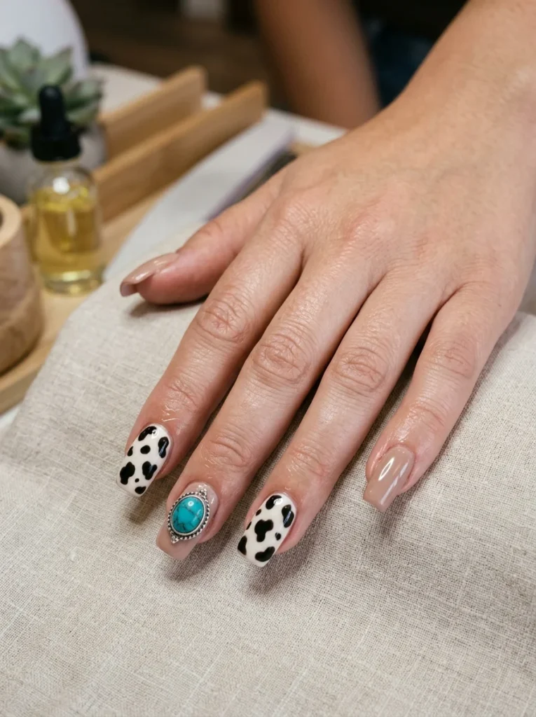 Cow Print and Turquoise Accent Nails
