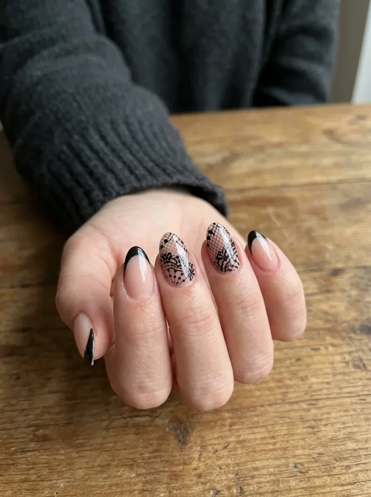 Elegant Black Lace Halloween Nails