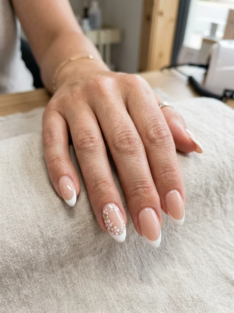 Floral French Tip Almond Nails