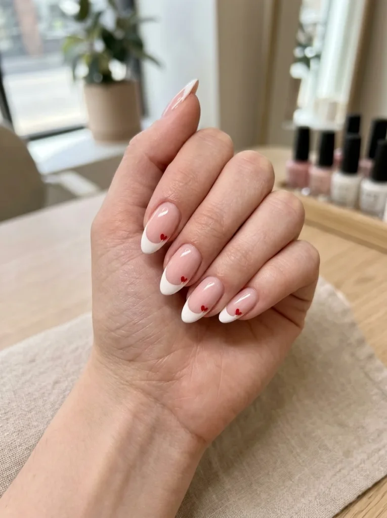 French Tip Almond Nails With Tiny Hearts