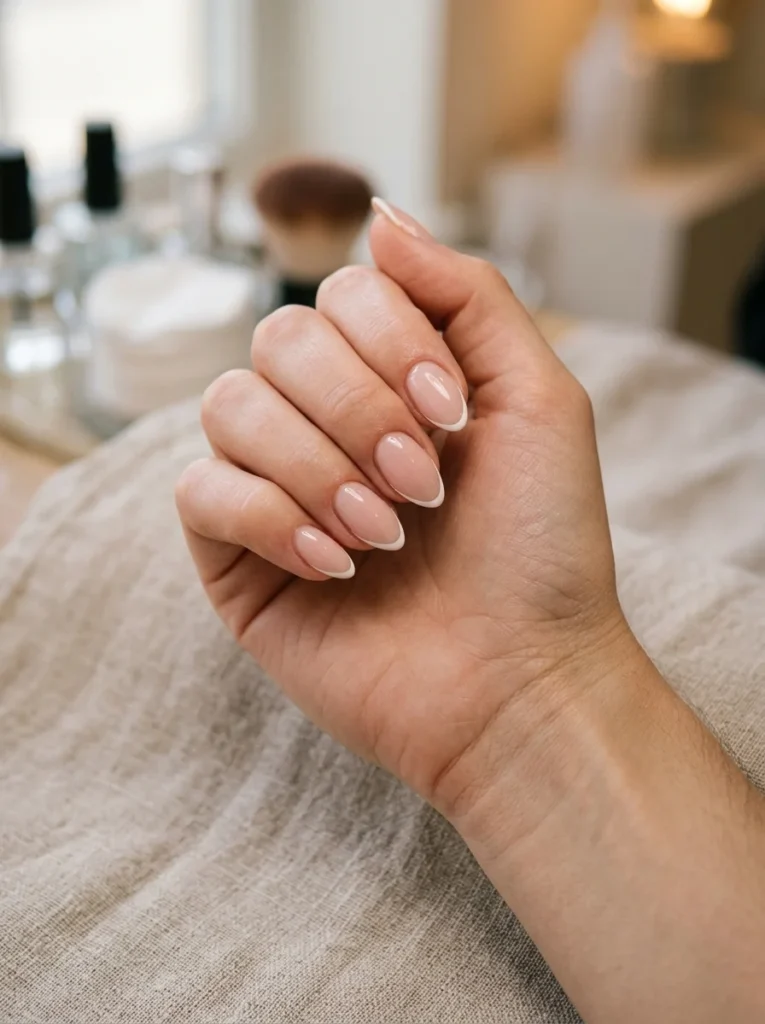 Micro French Tips on Short Almond Nails