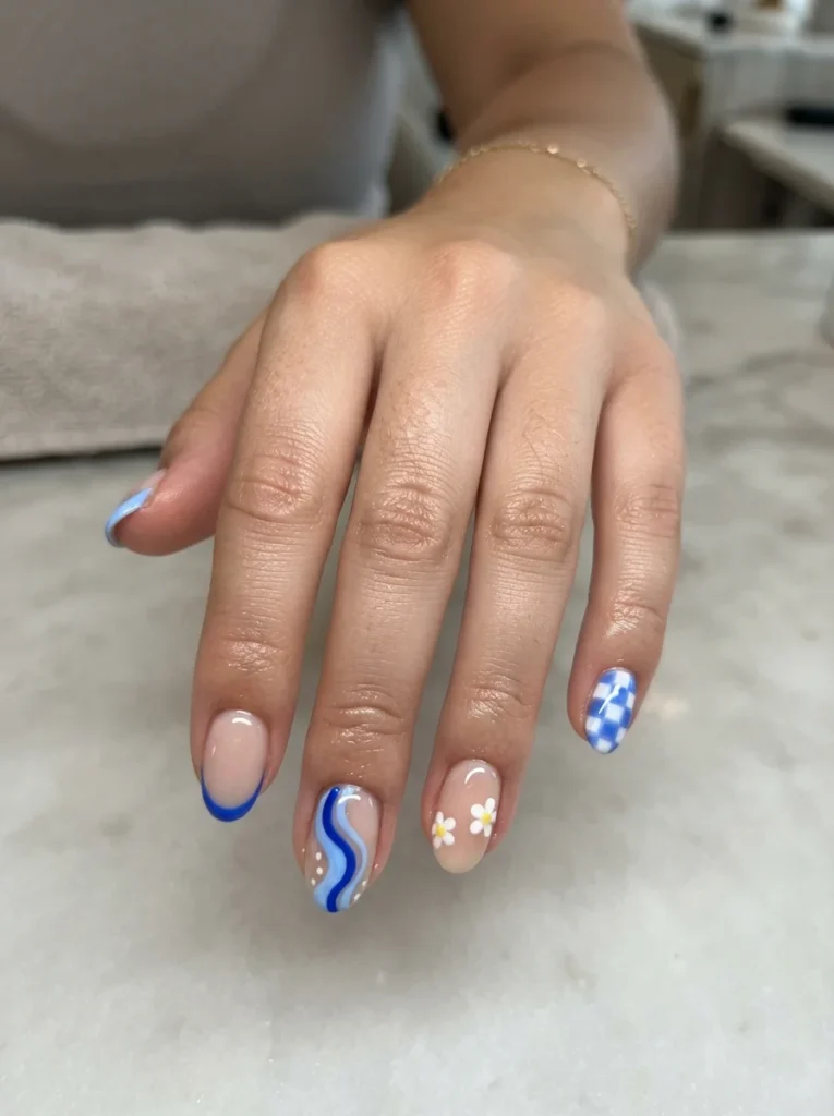 Mix-and-Match Blue French Nails