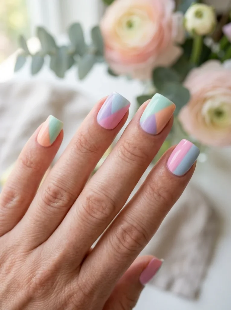 Pastel Color-Block Square Nails