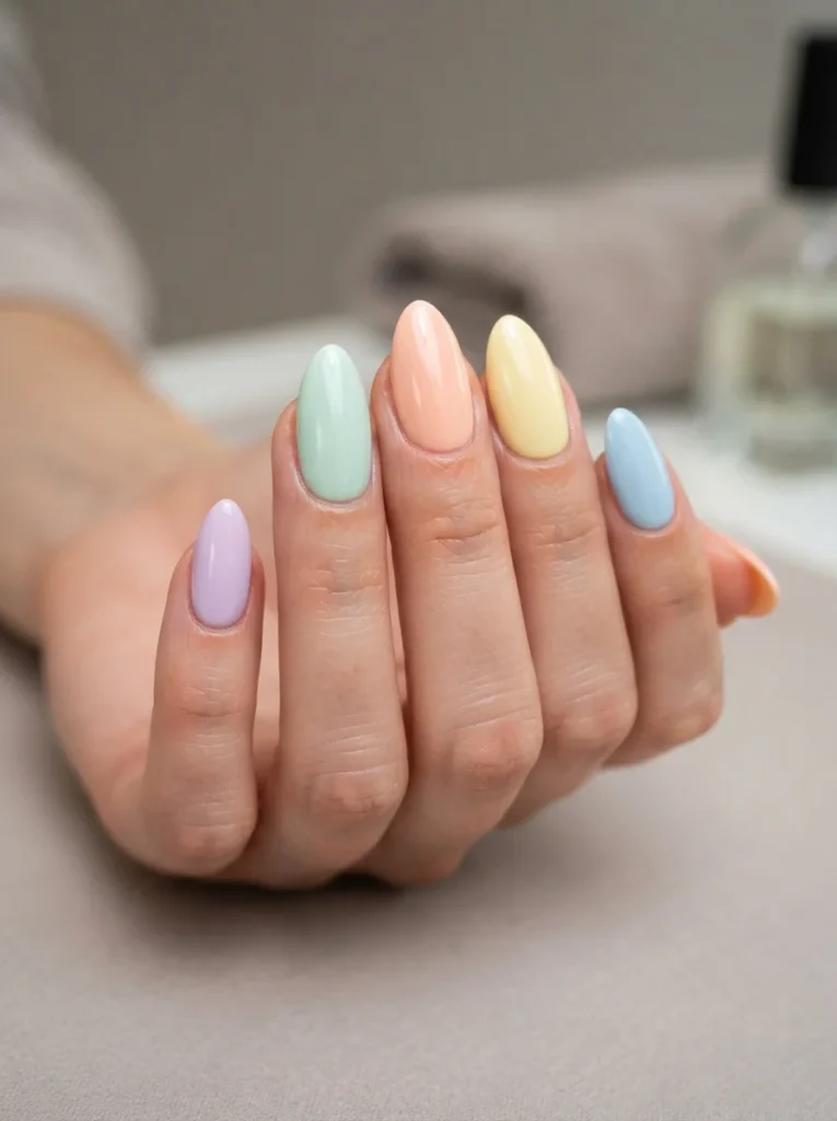 Pastel Rainbow Almond Nails
