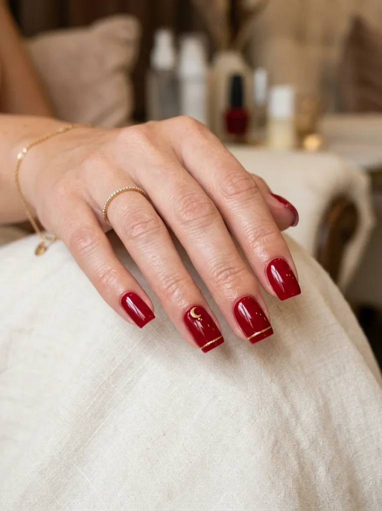 Red Square Nails with Gold Details