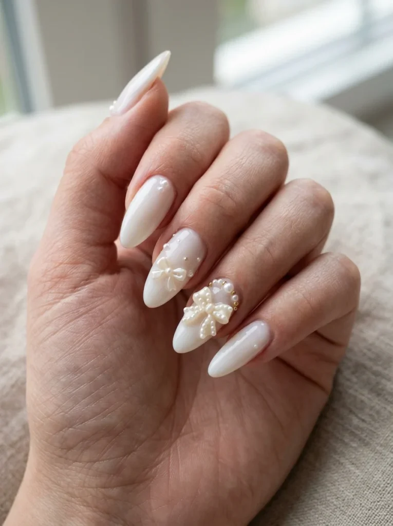 3D Pearl and Bow Nails