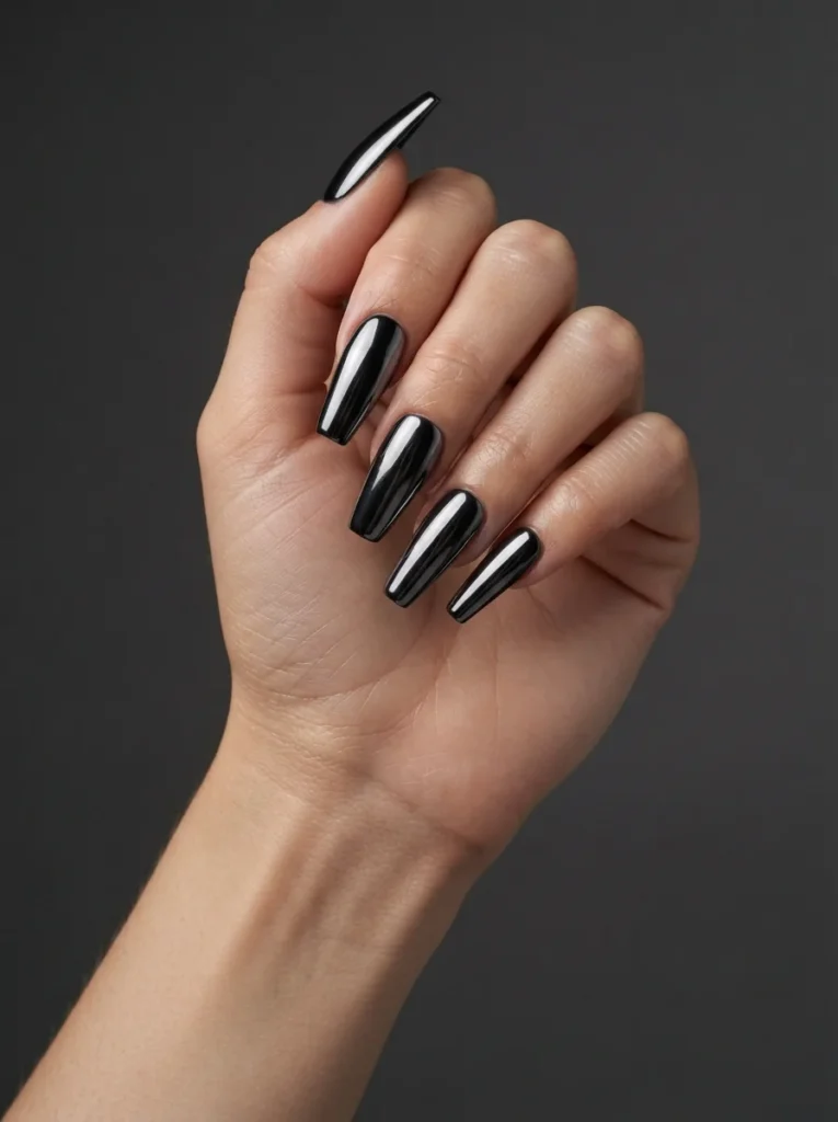 Black Chrome Long Acrylic Nails