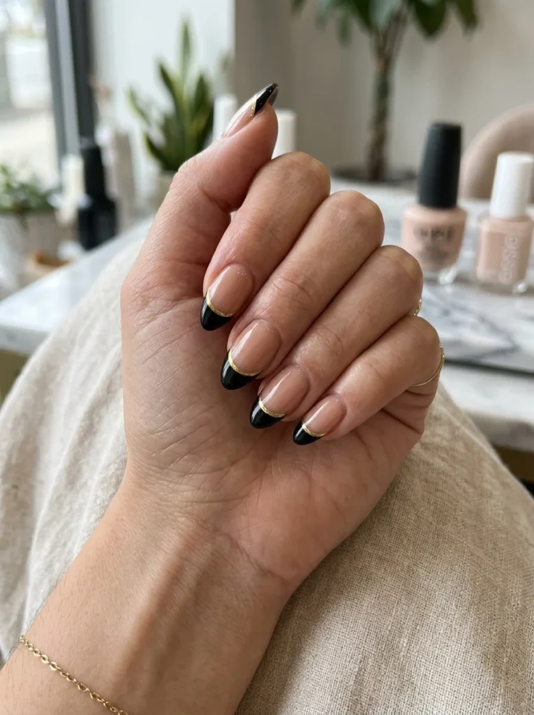 Black French Tips With Gold Details