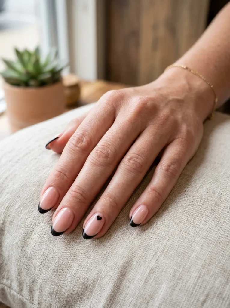 Black French Tips With Heart Accents