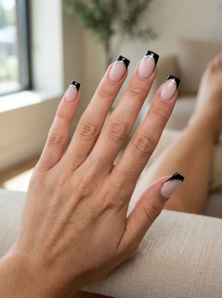 Black French Tips With Silver Chrome