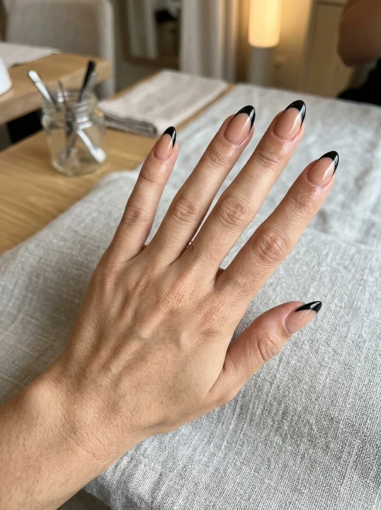 Black French Tips on Almond Nails