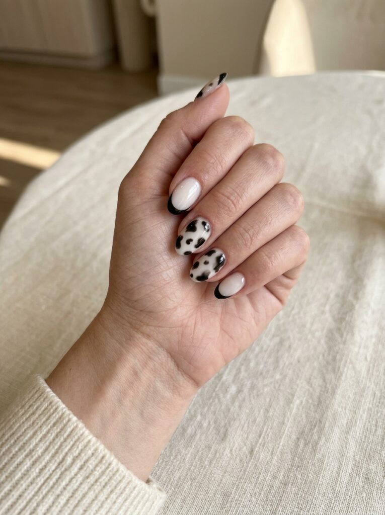 Black and White Cow Print Blooming Nails