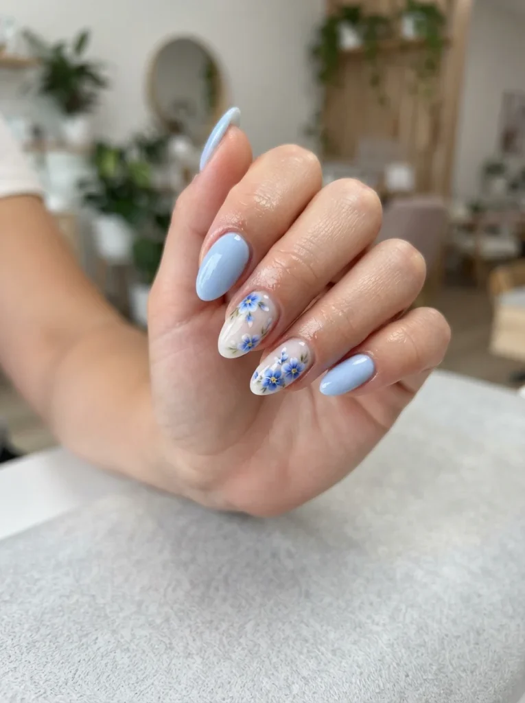 Blue Floral Acrylic Nails
