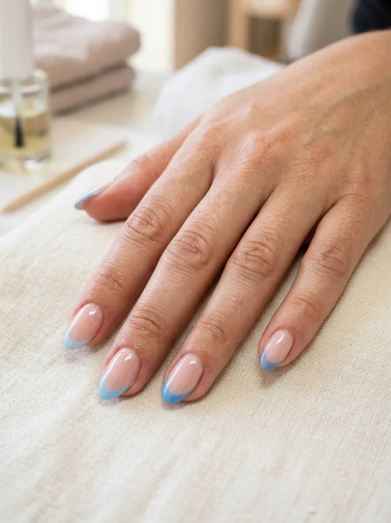 Blue French Tip Almond Nails