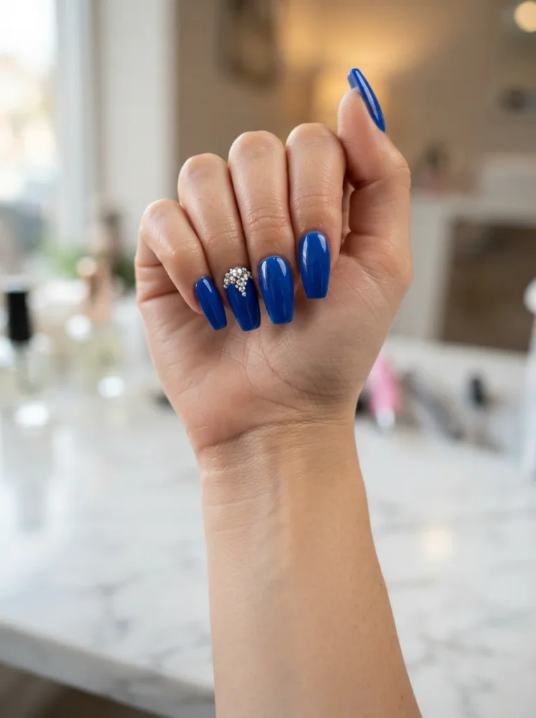Blue Rhinestone Acrylic Nails