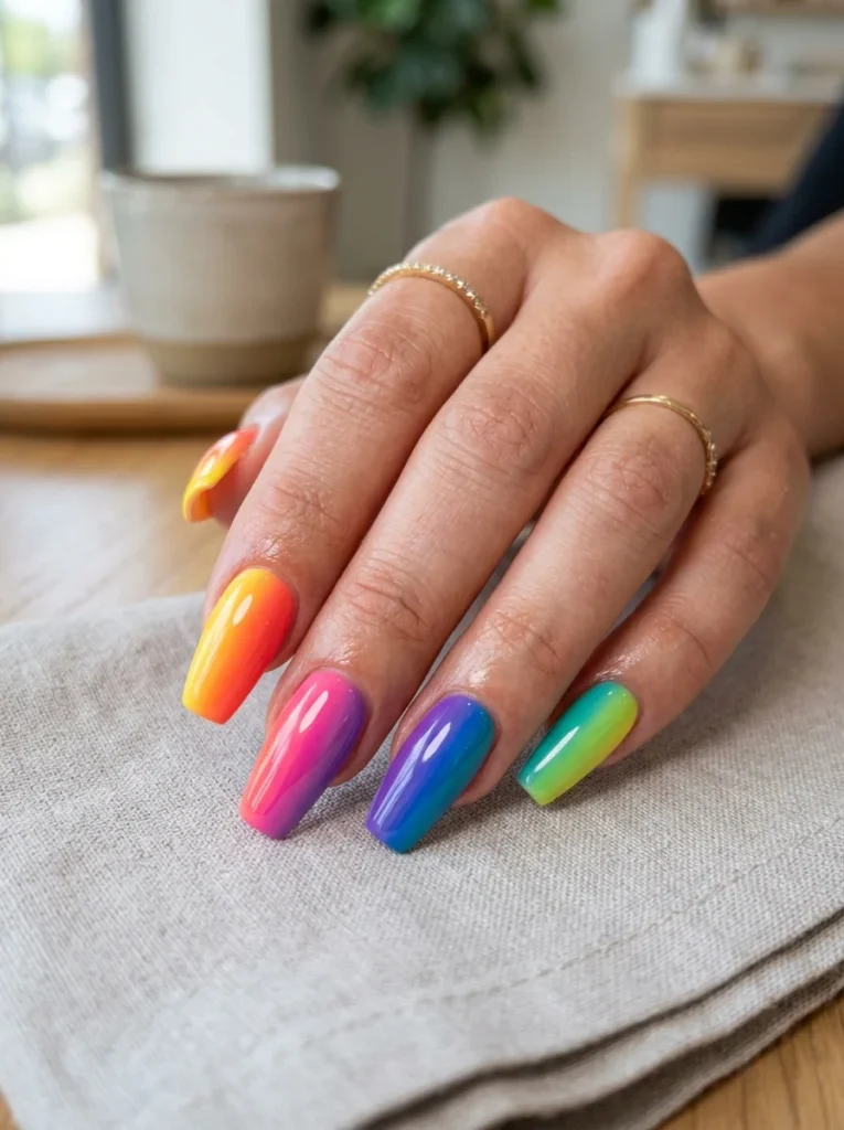 Bright Rainbow Ombré Nails