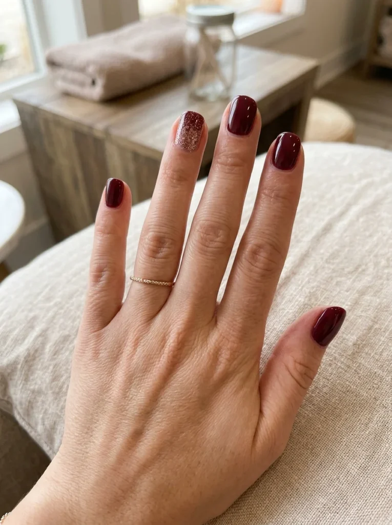 Burgundy Short Nails with Glitter Accents