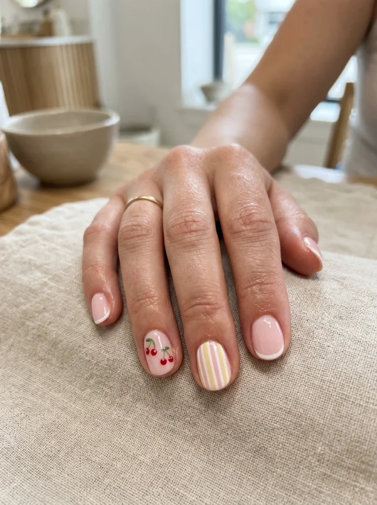 Cherry and Striped Nails