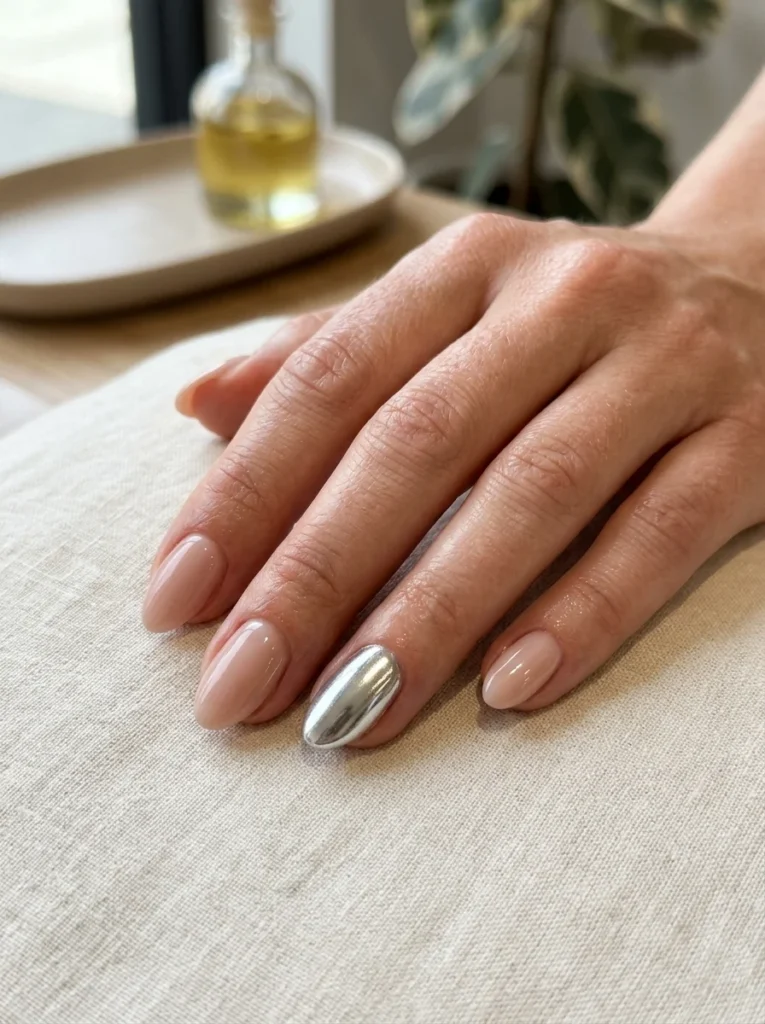 Chrome Accent Almond Nails