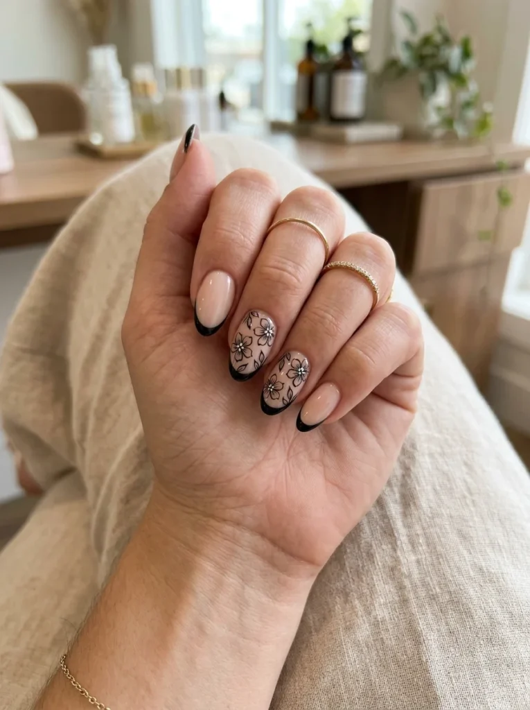 Floral Black French Tip Nails