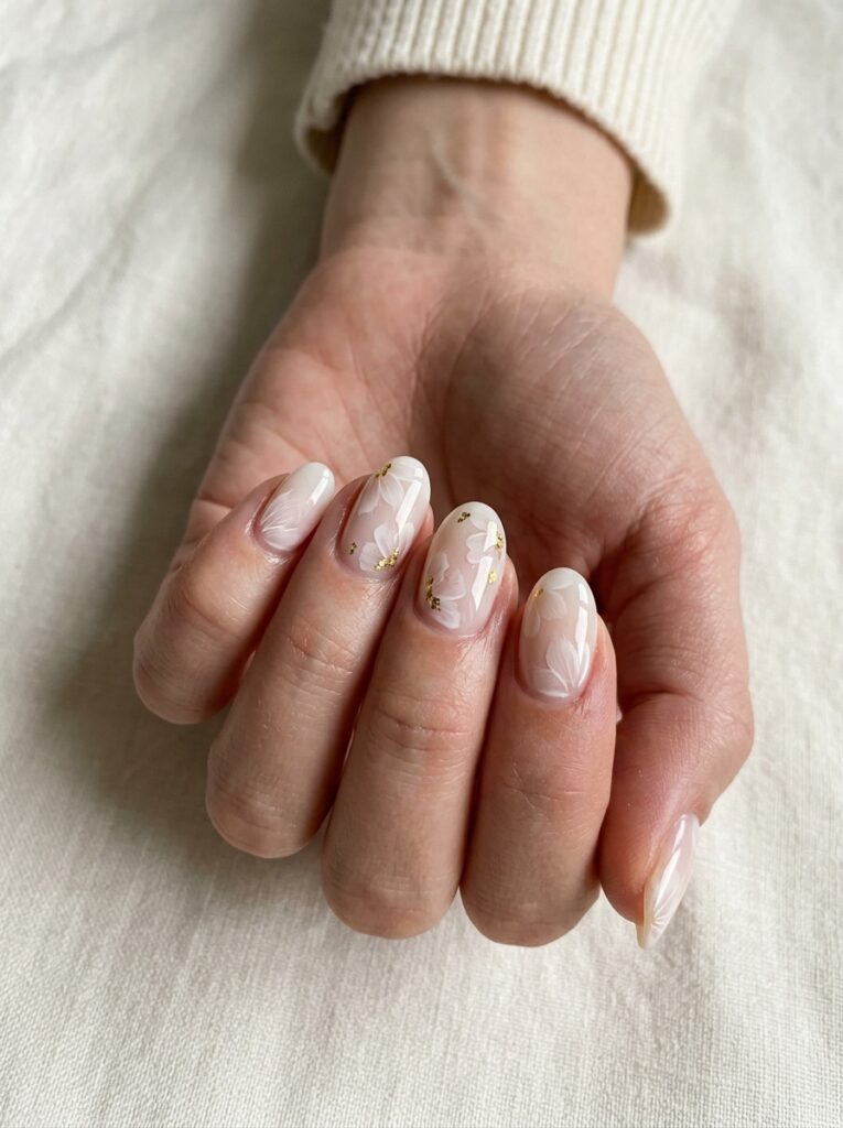Gold-Accented White Blooming Nails