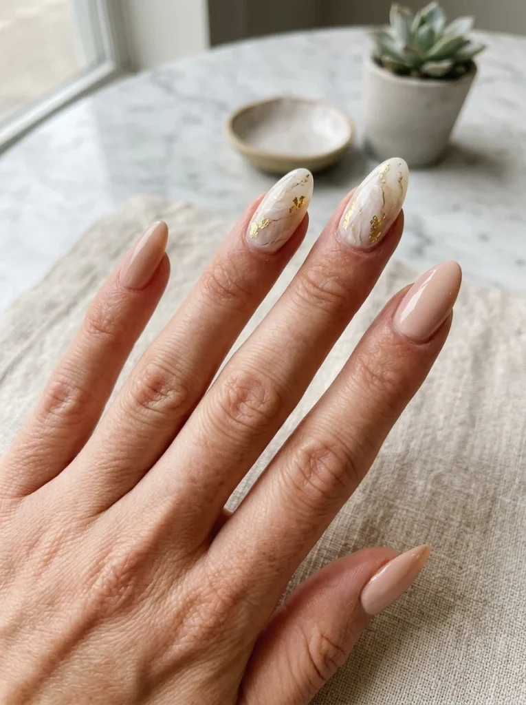 Gold Foil Marble Almond Nails