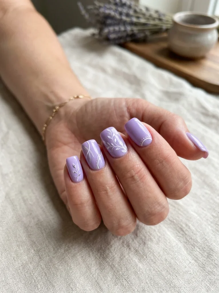 Lavender Nails with Fine Line Art