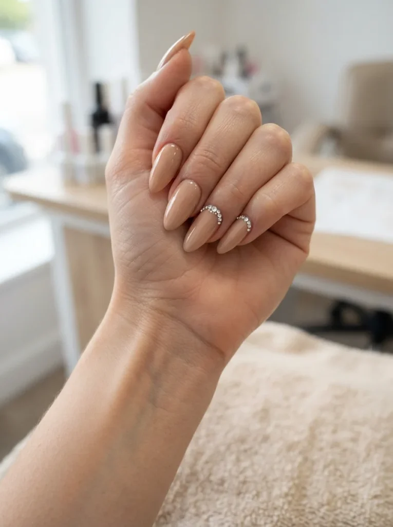 Long Nude Acrylic Nails with Rhinestones