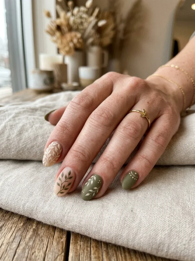Matte Olive Green Boho Nails