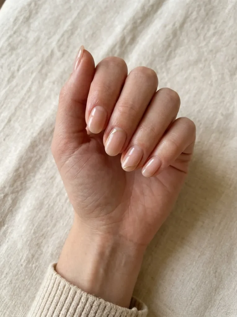 Natural Acrylic Nails With Fine Gold Lines
