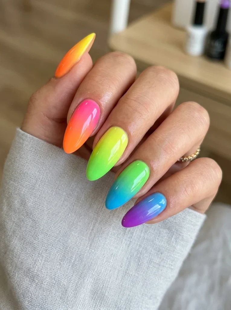 Neon Gradient Almond Nails