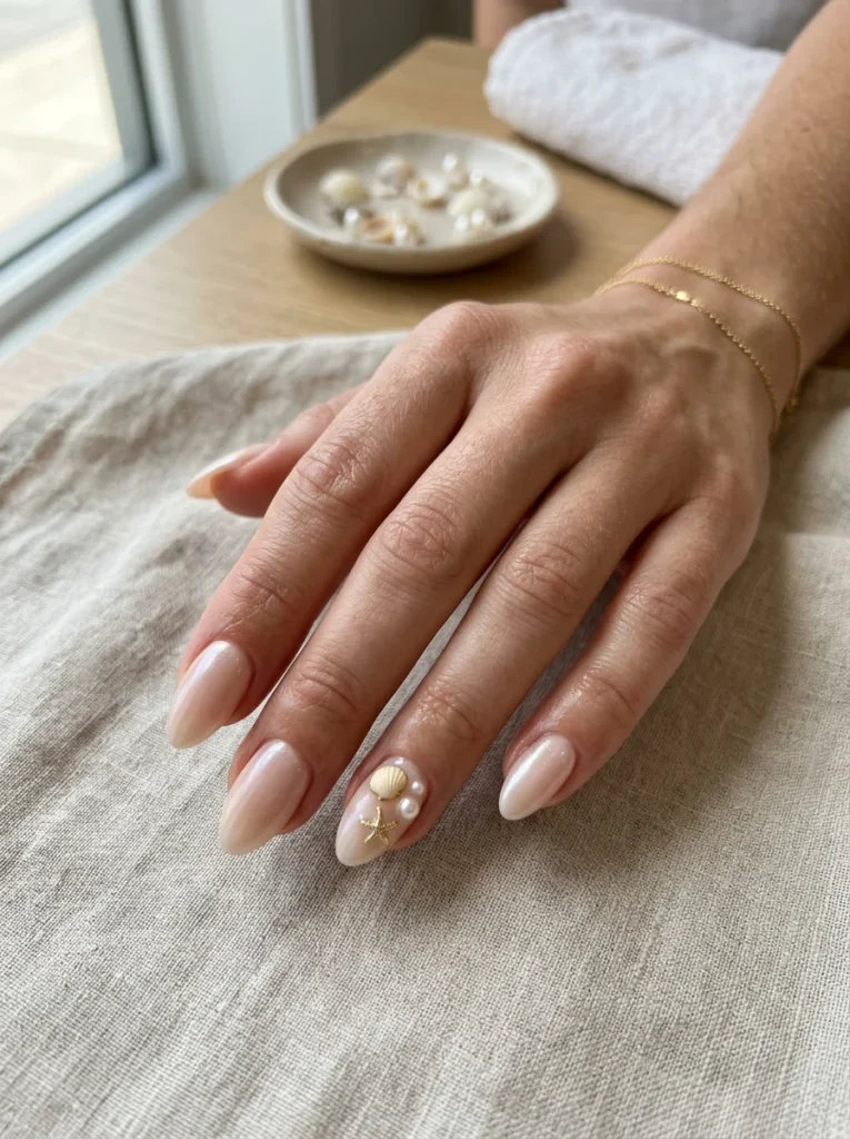 Nude Nails With Tiny Seashells
