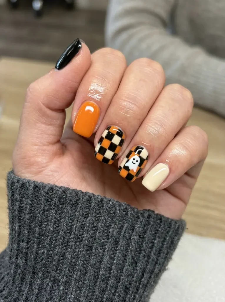 Orange and Black Checkerboard Nails