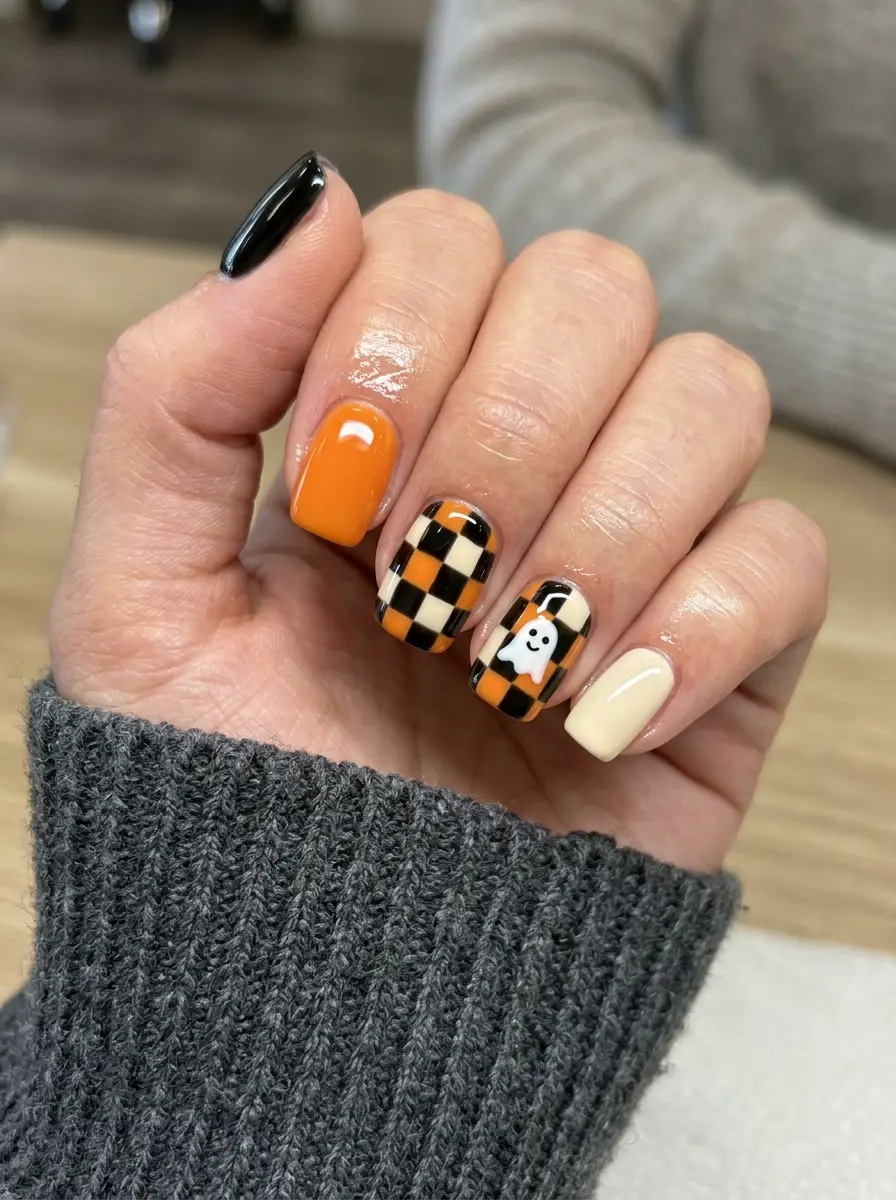 Orange and Black Checkerboard Nails