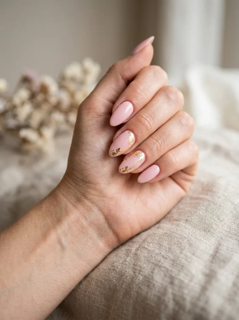 Pink Almond Nails With Gold Foil