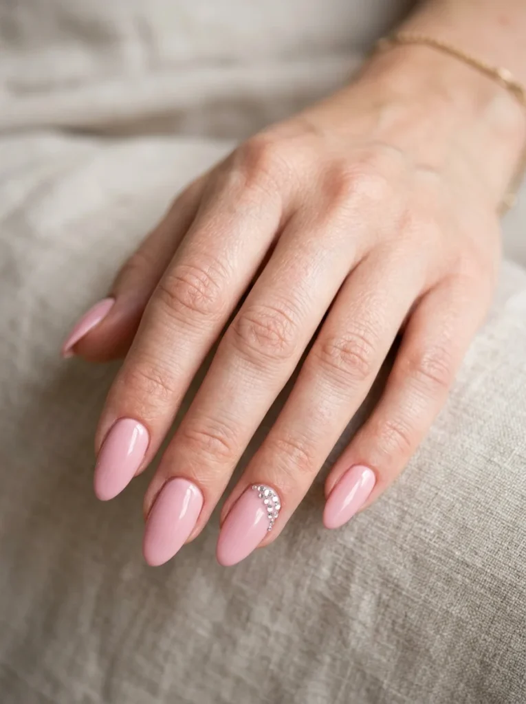Pink Almond Nails With Rhinestones