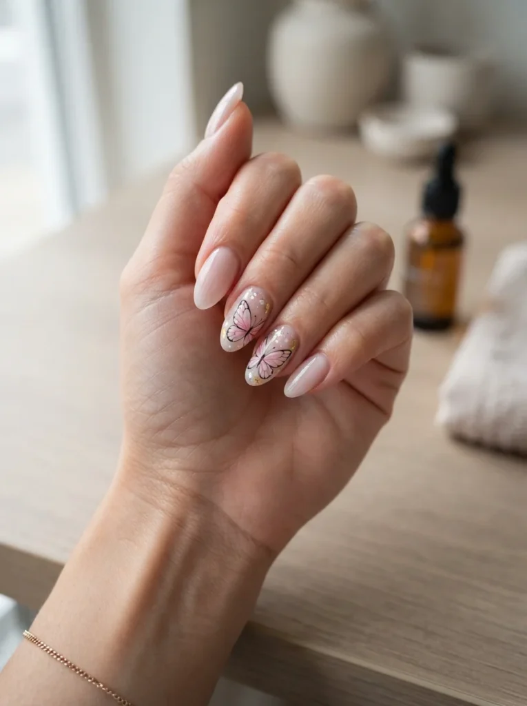 Pink Butterfly Acrylic Nails