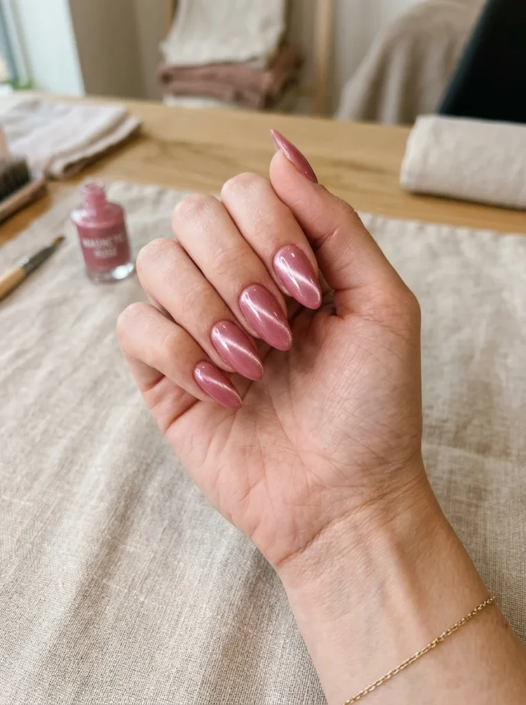 Pink Cat-Eye Almond Nails