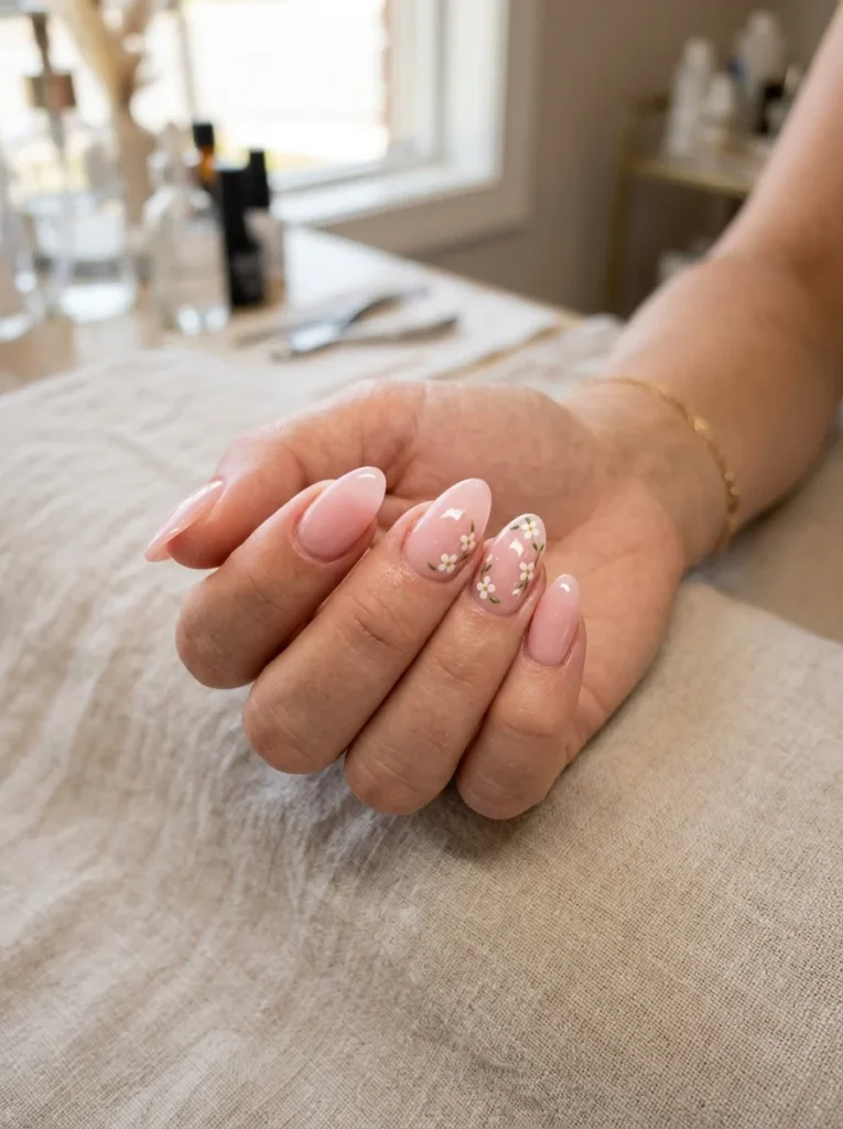 Pink Floral Almond Nails