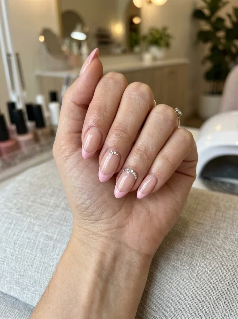 Pink French Tips With Rhinestones