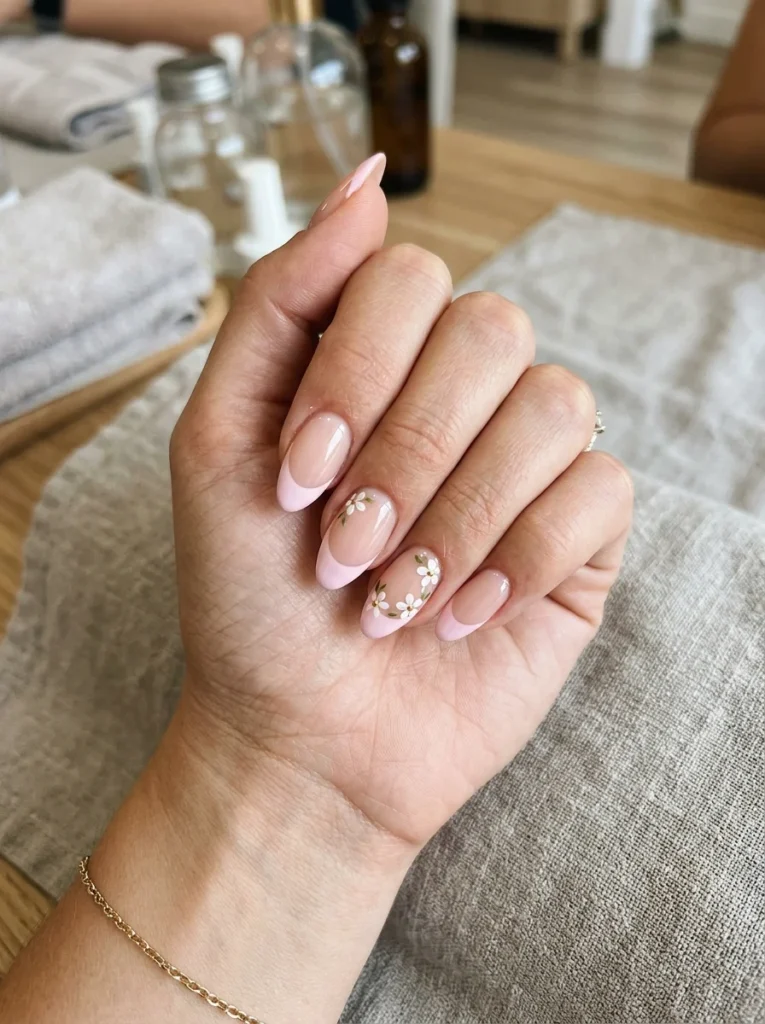 Pink French Tips With White Flowers