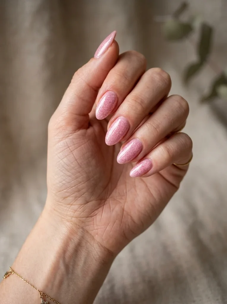 Pink Glitter Almond Nails
