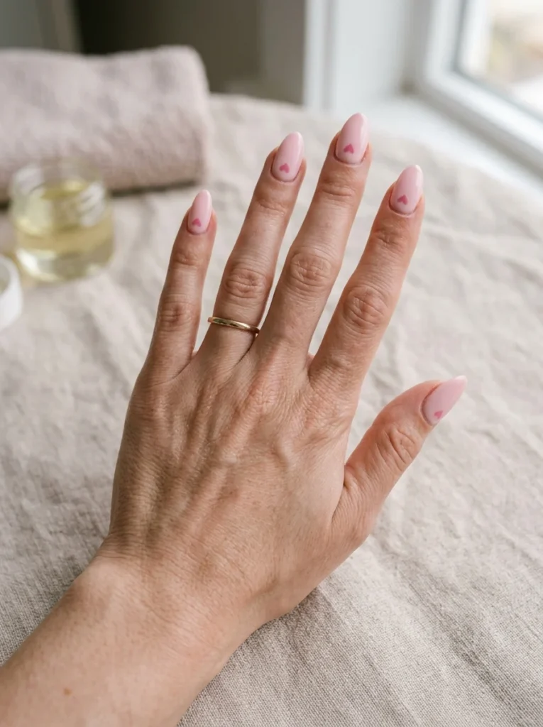 Pink Heart Almond Nails